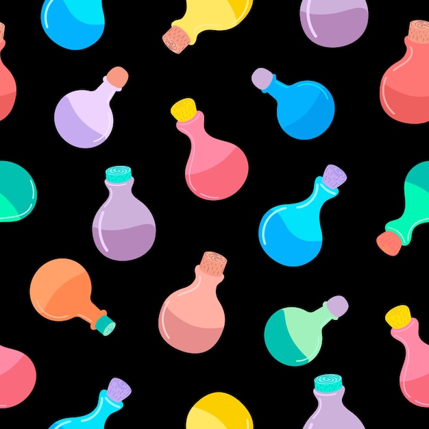 A seamless pattern with magic potions bottles jars