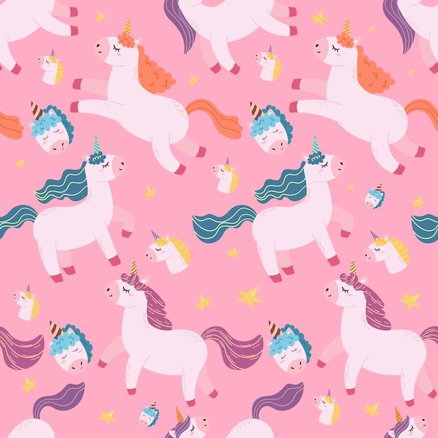 Seamless Pattern with Magic Unicorns Cute Cartoon Pony Or Horse With Horn And Colorful Mane on Pink Background