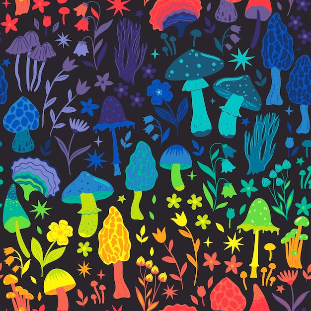 Seamless pattern with magical mushrooms and flowers Vector graphics