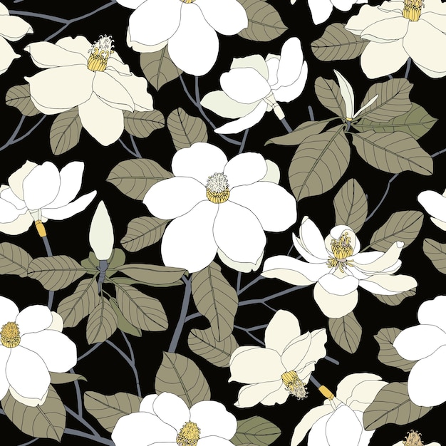 Seamless pattern with magnolia flowers and leaves on black backg