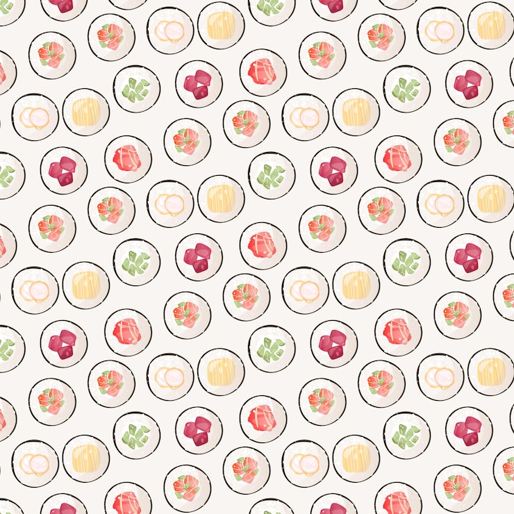 Vector seamless pattern with maki rolls. asian food, japanese food, sushi, rice and salmon. food pattern