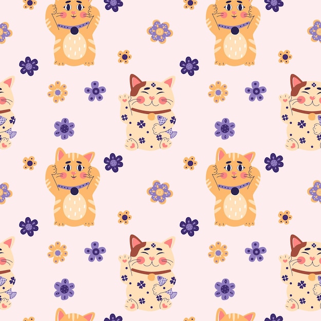 Seamless pattern with Maneki neko japanese lucky cat fortune symbol Cute kitty character of oriental