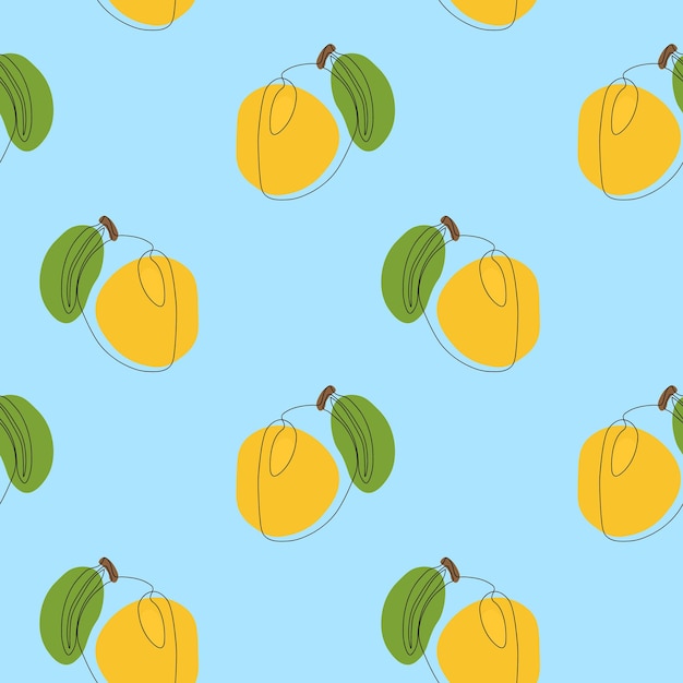 Seamless pattern with mango on blue background Continuous one line drawing mango Black line art on blue background with colorful spots Vegan concept