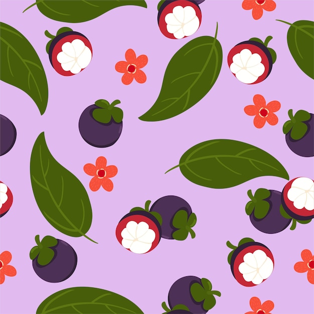 Seamless pattern with mangosteen on a purple background.