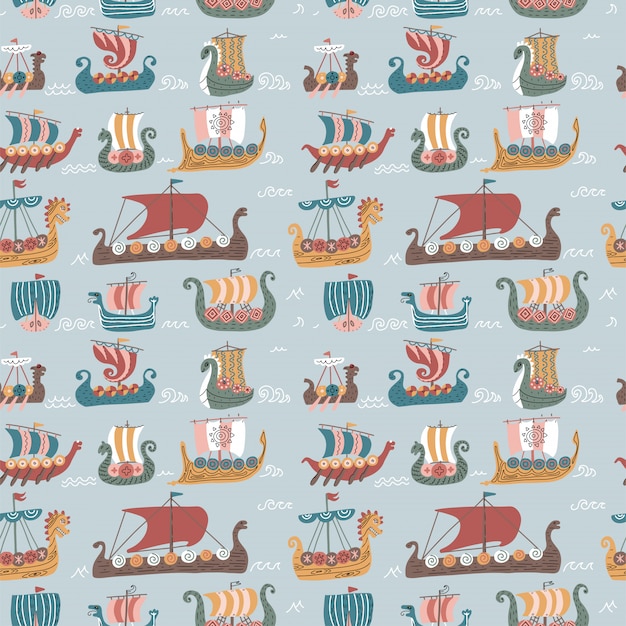 Seamless pattern with many viking drakkars. trendy scandinavian sea sailboat ships.