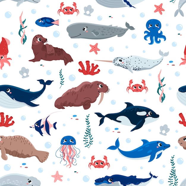 Seamless pattern with marine animals in cartoon childish vector illustration