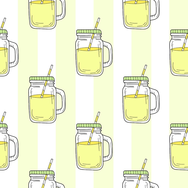 Seamless pattern with mason jar yellow summer lemonade