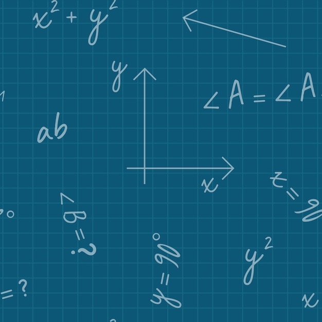 Motivo senza cuciture con segni matematici sfondo lavagna verde con iscrizioni in gesso