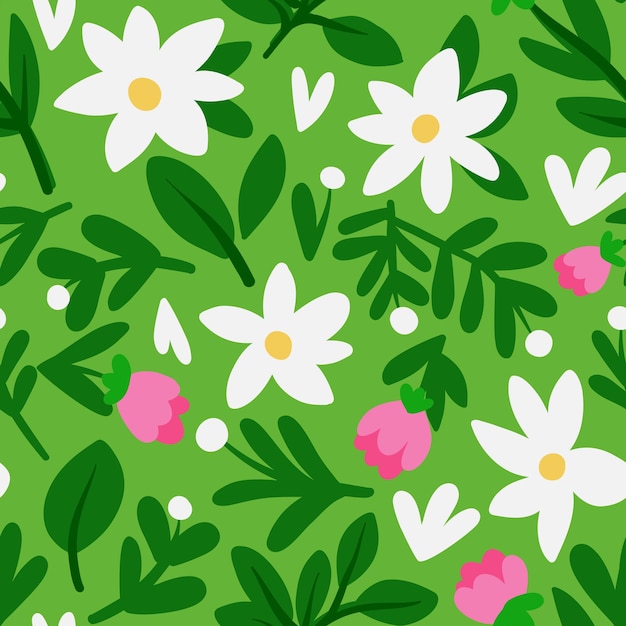 Vector seamless pattern with a meadow of daisies and tulips