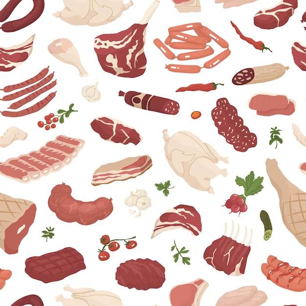 Seamless pattern with meat products and vegetables Fresh chicken beef pork fillet and sausages Concept for farms and food markets Vector illustration isolated on white background