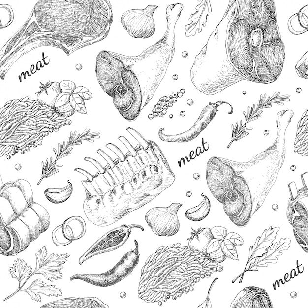 Vector seamless pattern with meat products