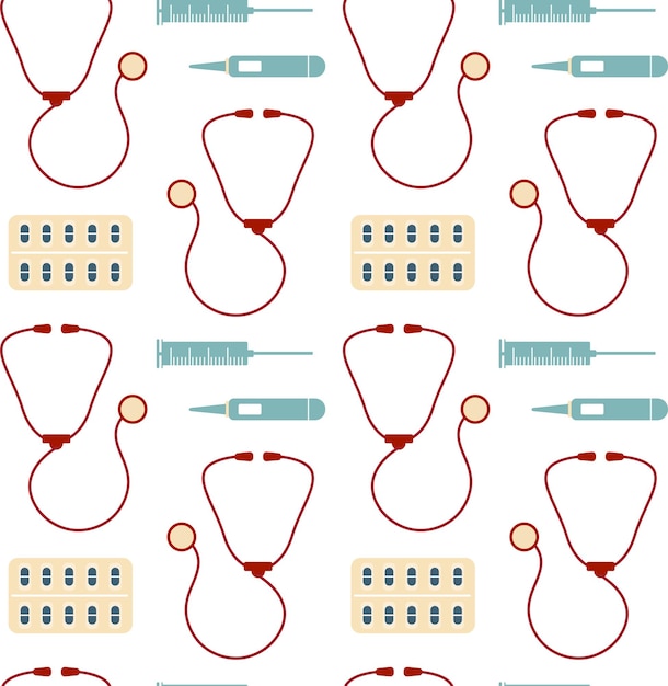 Бесшовный рисунок с медицинскими диагностическими инструментами и таблетками.