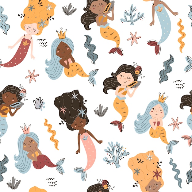 Seamless pattern with mermaids