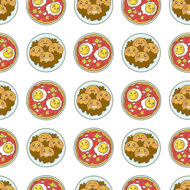 Vector seamless pattern with mexican dessert pumpkin pancakes sopaipilla and scrambled eggs huevos rancheros with funny faces in doodle cartoon style isolated on white background