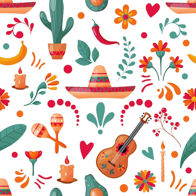 メキシコの要素と花飾りのシームレスパターン