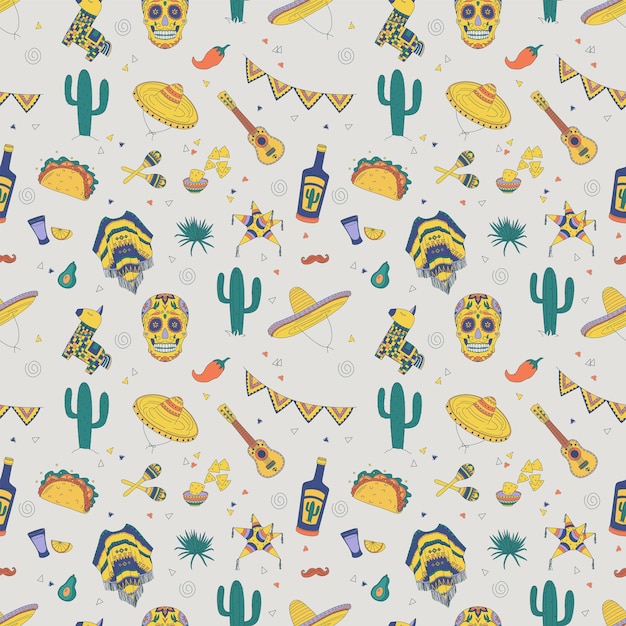 Seamless pattern with mexican elements cactus skull hat and more handdrawn flat vector illustration