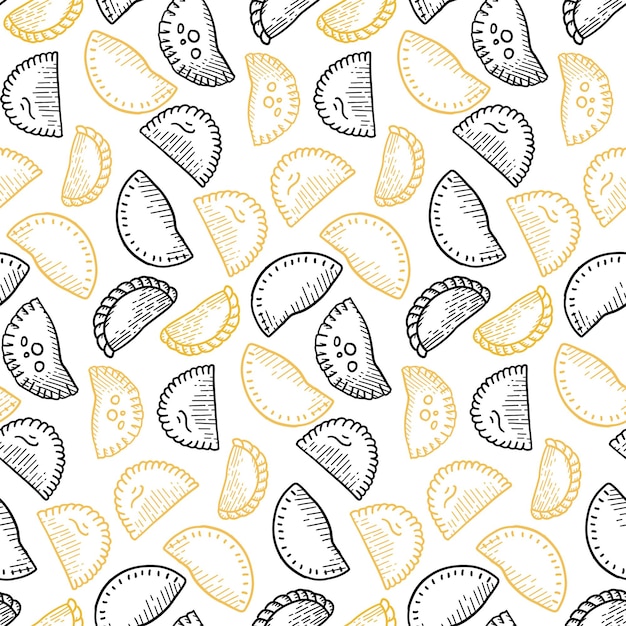 Seamless pattern with mexican empanadas in corn tortillas on white background vector contour outline