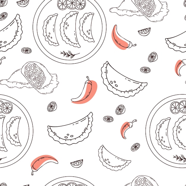 Seamless pattern with Mexican Empanadas with chili pepper on white background in linear doodle style
