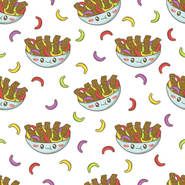 Seamless pattern with Mexican fajitas with funny faces in doodle cartoon style isolated on white background