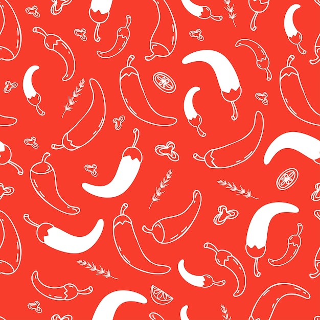 Vector seamless pattern with mexican hot chili peppers on red background in linear doodle style