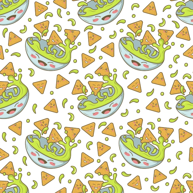 Seamless pattern with mexican nachos and guacamole with funny faces in doodle cartoon style isolated on white background