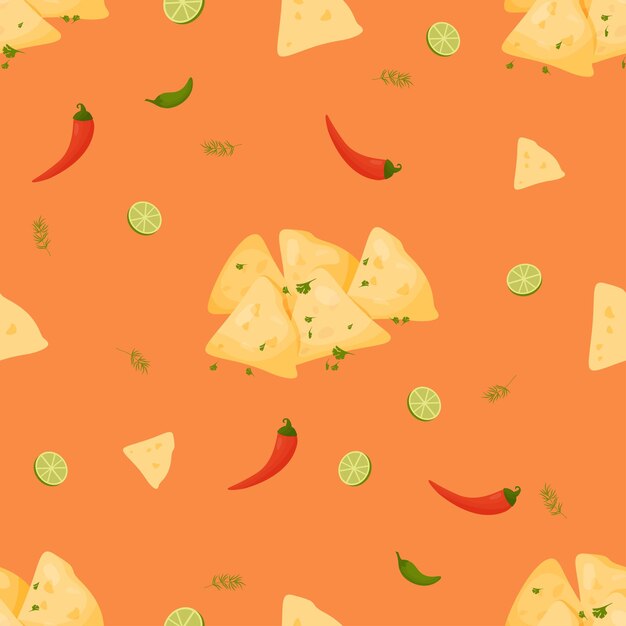 Seamless pattern with Mexican Quesadilla on orange background with pieces of chili pepper and lime