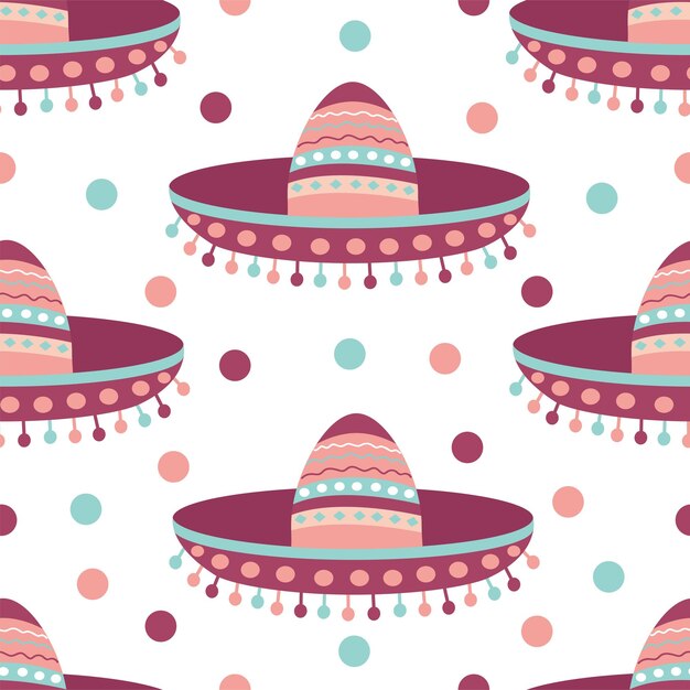 Seamless pattern with Mexican sombrero hat on a white background Festive design