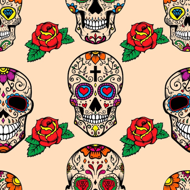 멕시코 설탕 두개골과 장미와 원활한 패턴 포스터 카드 배너 옷 장식 벡터 일러스트 레이 션 디자인 요소