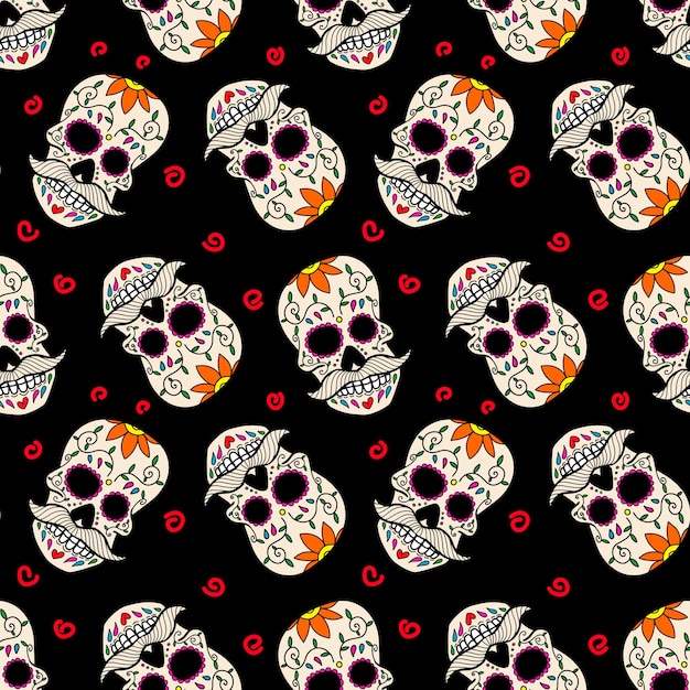 Seamless pattern with mexican sugar skulls. Design element for poster, card, flyer, banner. Vector illustration