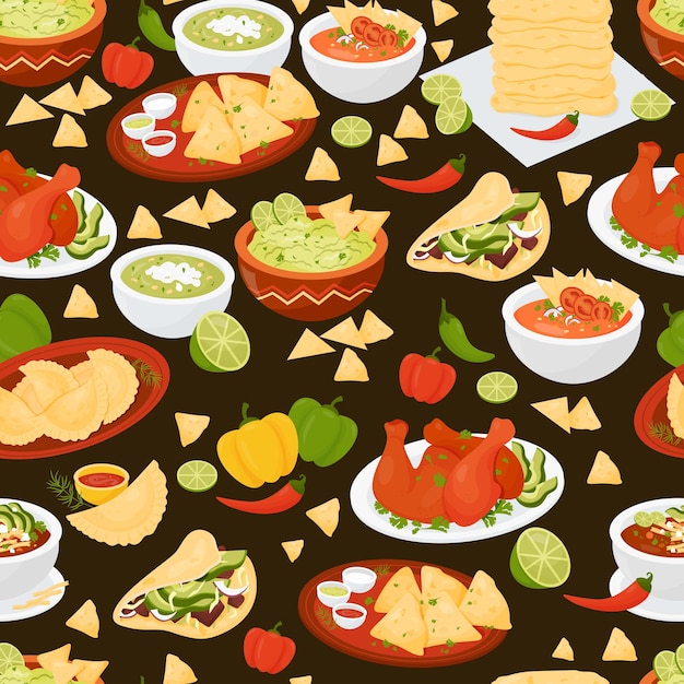 Бесшовный рисунок с традиционной мексиканской едой на черном фоне Национальная латиноамериканская кухня