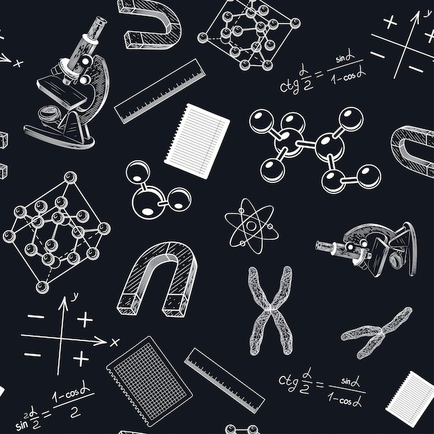 A seamless pattern with a microscope and chromosomes.