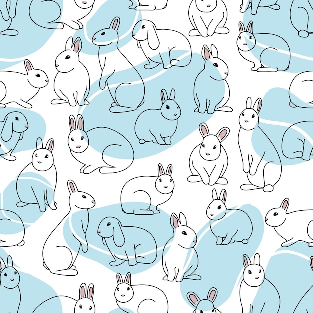 Seamless pattern with minimalistic rabbits outline hand drawn cute animals vector collection