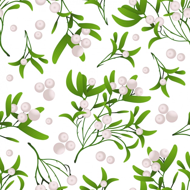 Seamless Pattern with Mistletoe Branch