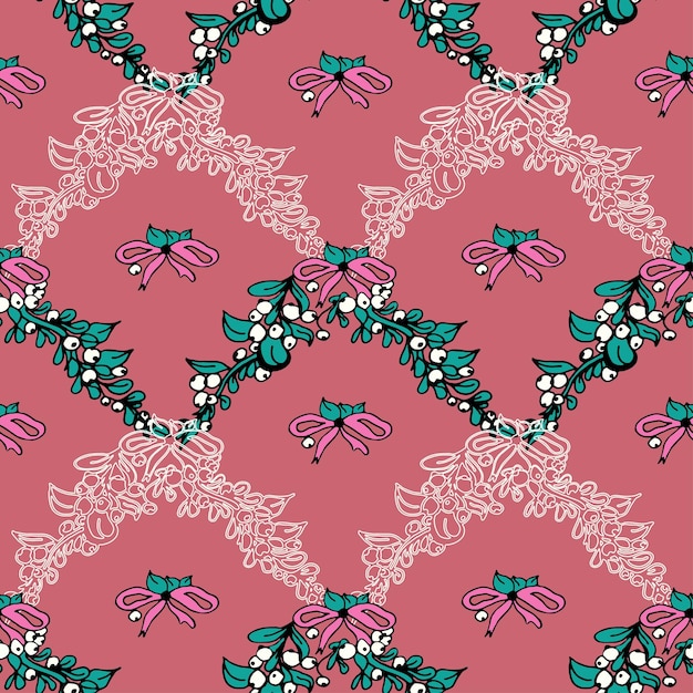 Seamless pattern with mistletoe branches on a pink background Christmas vector texture