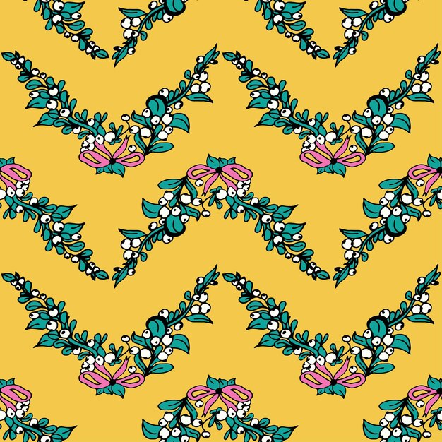 Seamless pattern with mistletoe branches on a yellow background Christmas vector texture