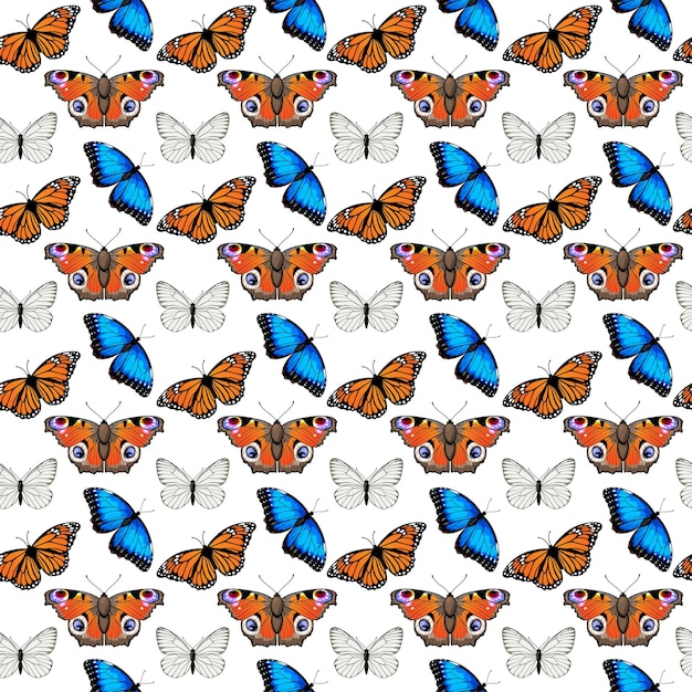 Seamless pattern with monarch butterflies and blue morpho butterflies