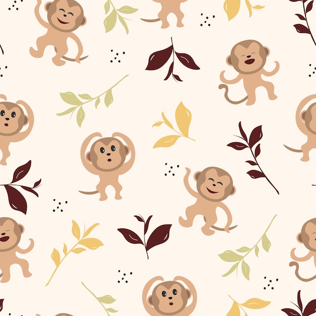 A seamless pattern with monkeys and leaves.