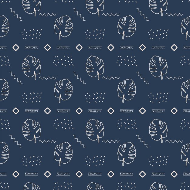 Vector seamless pattern with monstera and abstract elements. dark background. boho style.