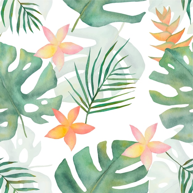 seamless pattern with monstera leaves Watercolor pattern with tropical flowers Green pattern