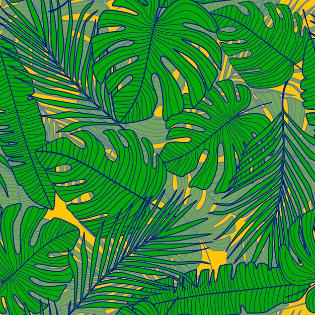 Seamless pattern with monstera line leaves tropical pattern botanical leaf wallpaper