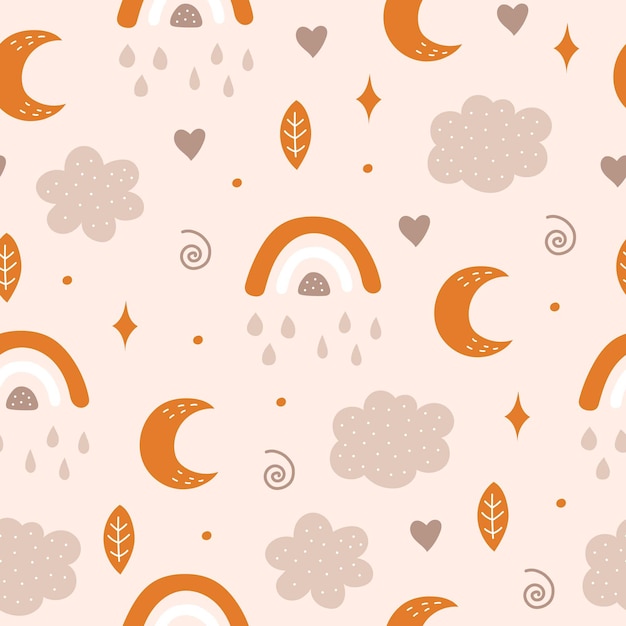 Seamless pattern with moon, cloud, rainbow