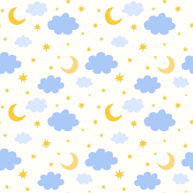 Seamless pattern with the moon and clouds on a light background