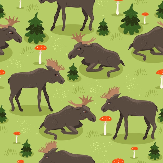 Vector seamless pattern with moose, fly agaric and spruces.