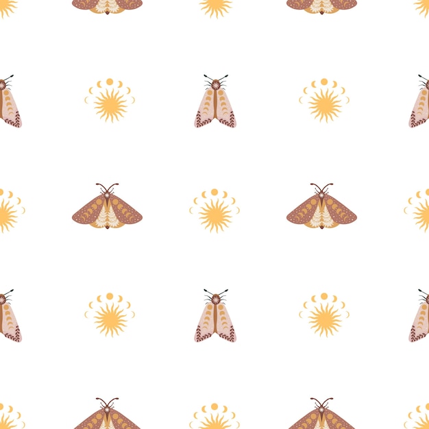 Seamless pattern with moth, moon, leaves. Mysterious moth illustration