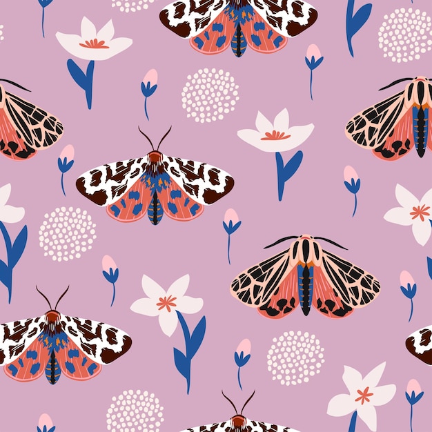 蛾、花、蝶とのシームレスなパターン。ファブリック、ラッピング、テキスタイルの花の背景