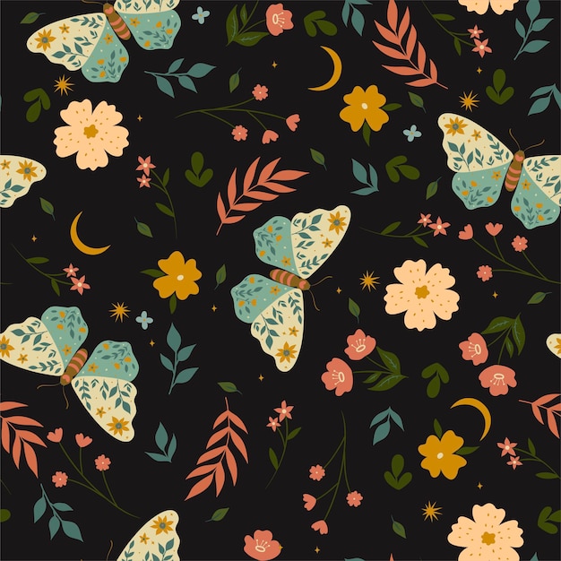 Seamless pattern with moths and leaves. vector graphics.