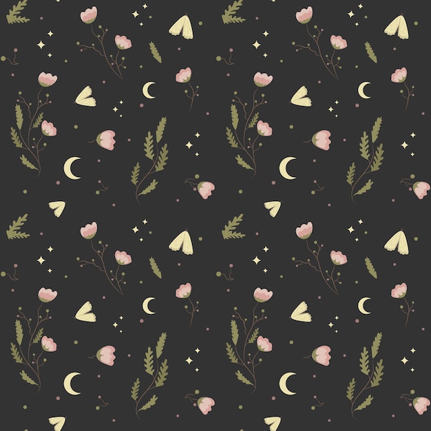 Vector seamless pattern with moths moon and stars
