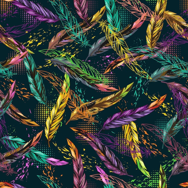 seamless pattern with motley colorful feathers