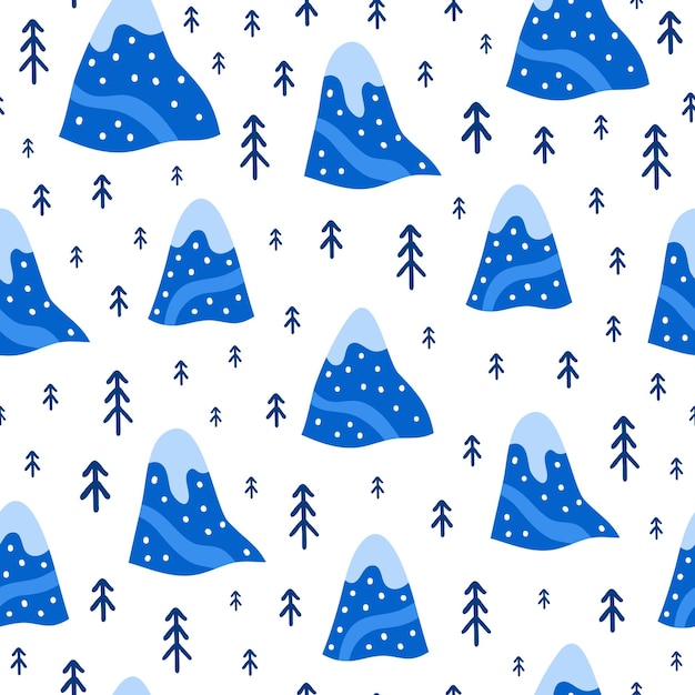 Vector seamless pattern with mountains and fir trees