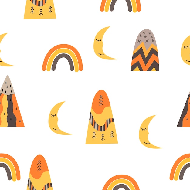 Seamless pattern with mountains, moons and rainbows in scandinavian style. Hand drawing vector illustration.